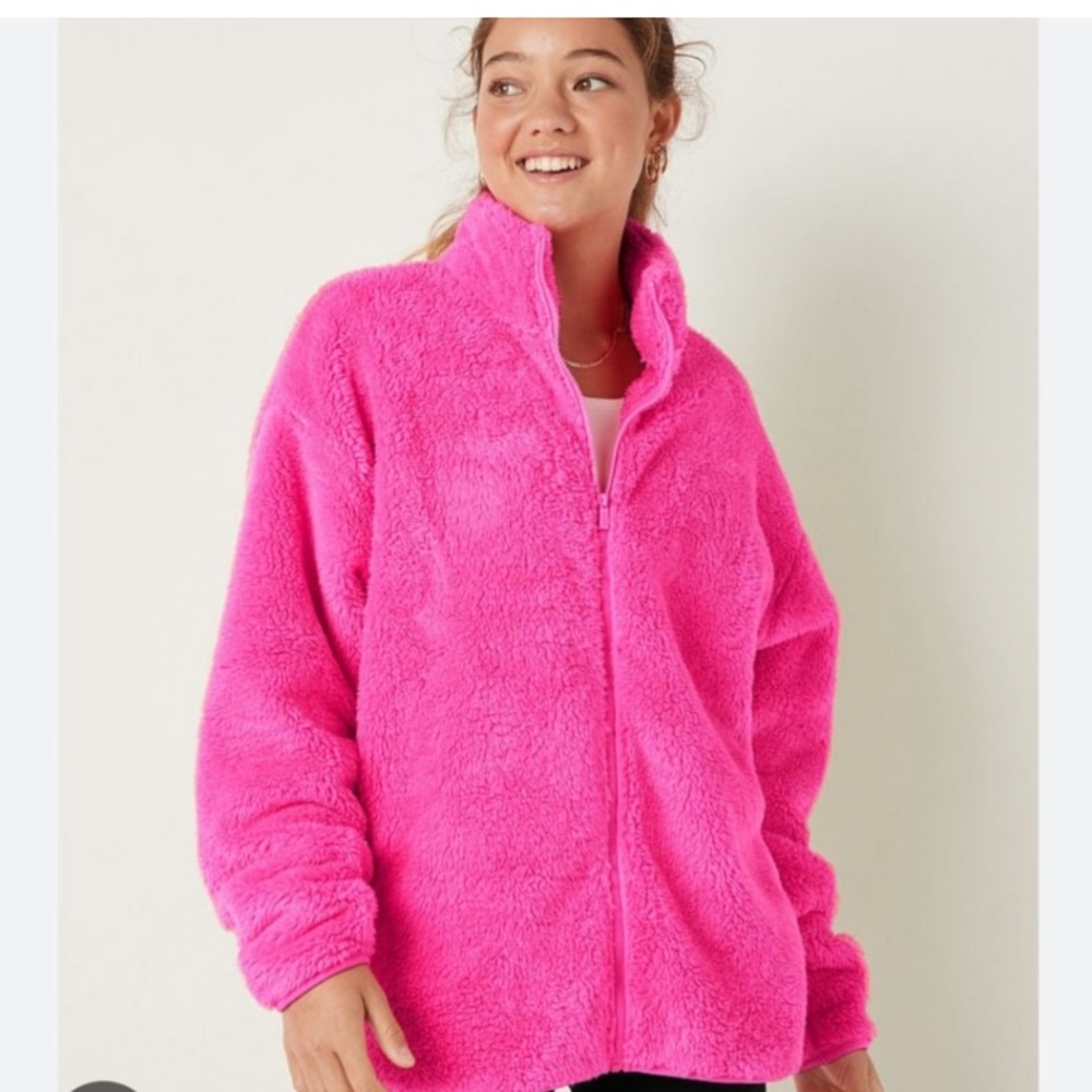 Victoria secret teddy Sherpa zip up jacket hot pink medium